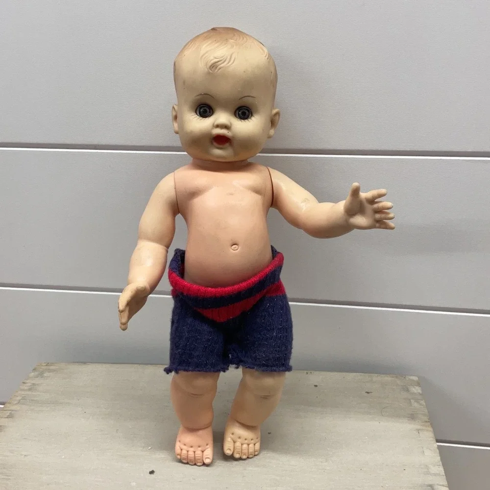 Vintage 10 Inch Baby Boy Doll Molded Hair Sleep Eyes Knit Shorts 1950s 1960s